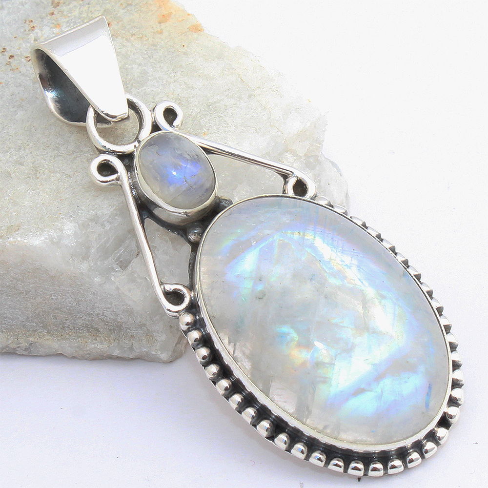 925 SOLID STERLING SILVER NATURAL RAINBOW MOONSTONE PENDANT