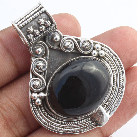 925 SOLID STERLING SILVER NATURAL BLACK ONYX VINTAGE ARTISAN DESIGNER PENDANT