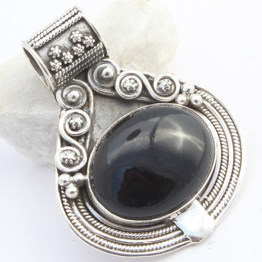 925 SOLID STERLING SILVER NATURAL BLACK ONYX VINTAGE ARTISAN DESIGNER PENDANT