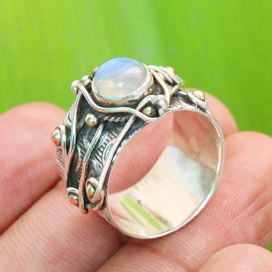 925 SOLID STERLING SILVER NATURAL RAINBOW MOONSTONE GEMSTONES HANDMADE RING, ALL SIZES AVAILABLE