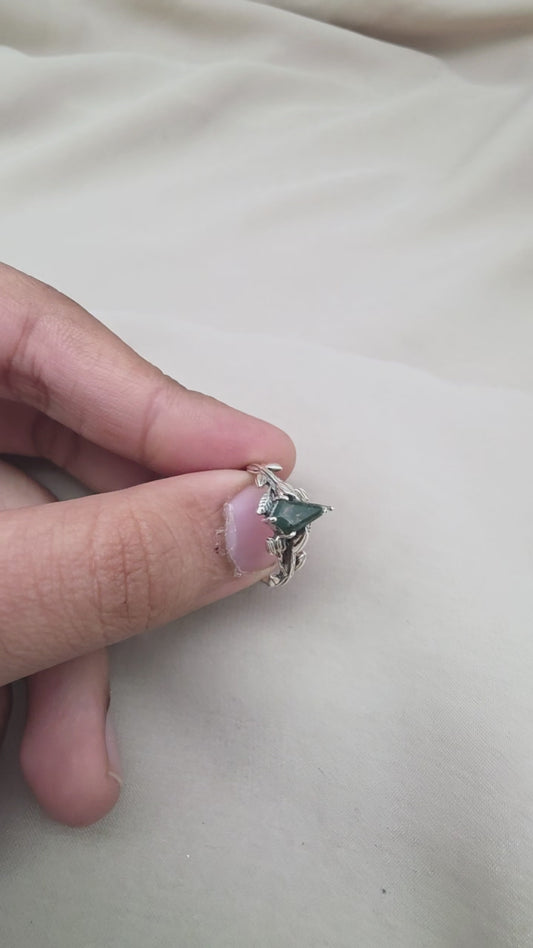 925 SOLID STERLING SILVER NATURAL MOSS AGATE GEMSTONE LEAF SILVER RING, ALL SIZES AVAILABLE