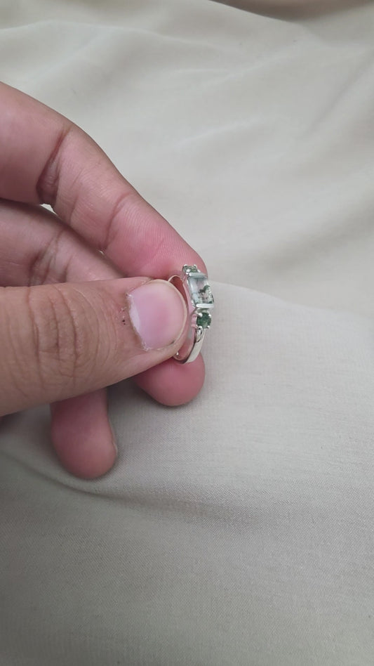 925 Sterling Silver Moss Agate Ring Three Gemstone Ring  Boho Dainty Jewelry Gift for Her
